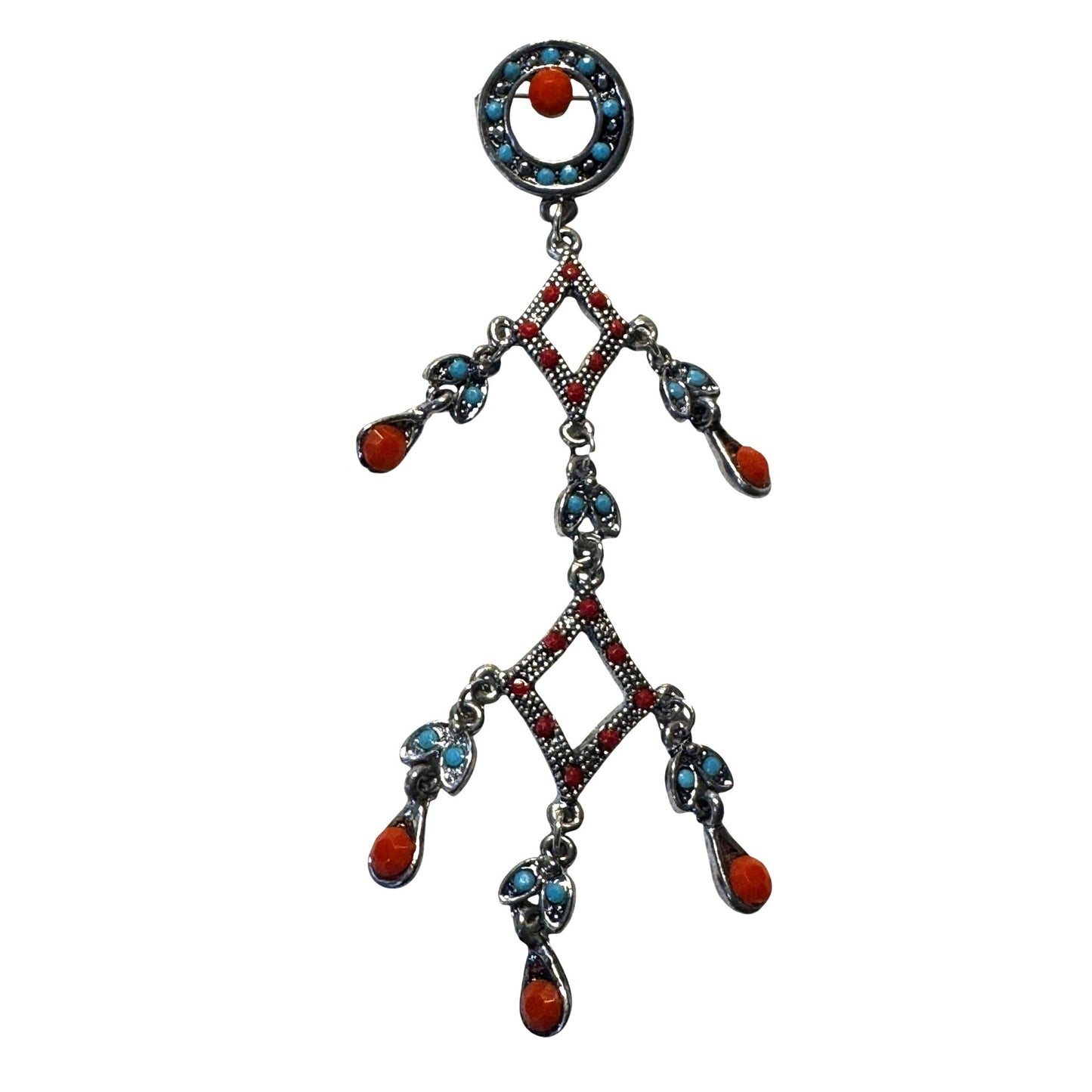 Southwestern Faux Turquoise & Coral Chandelier Brooch Silver-Tone 4 1/2"