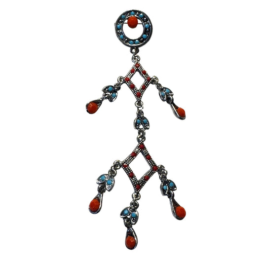Southwestern Faux Turquoise & Coral Chandelier Brooch Silver-Tone 4 1/2"