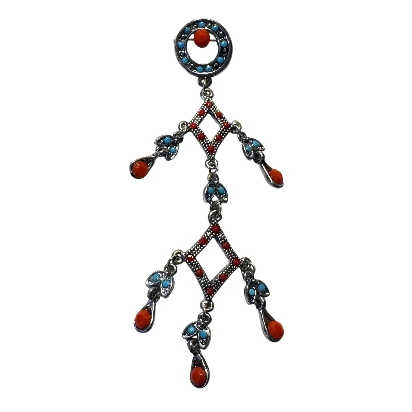 Southwestern Faux Turquoise & Coral Chandelier Brooch Silver-Tone 4 1/2"