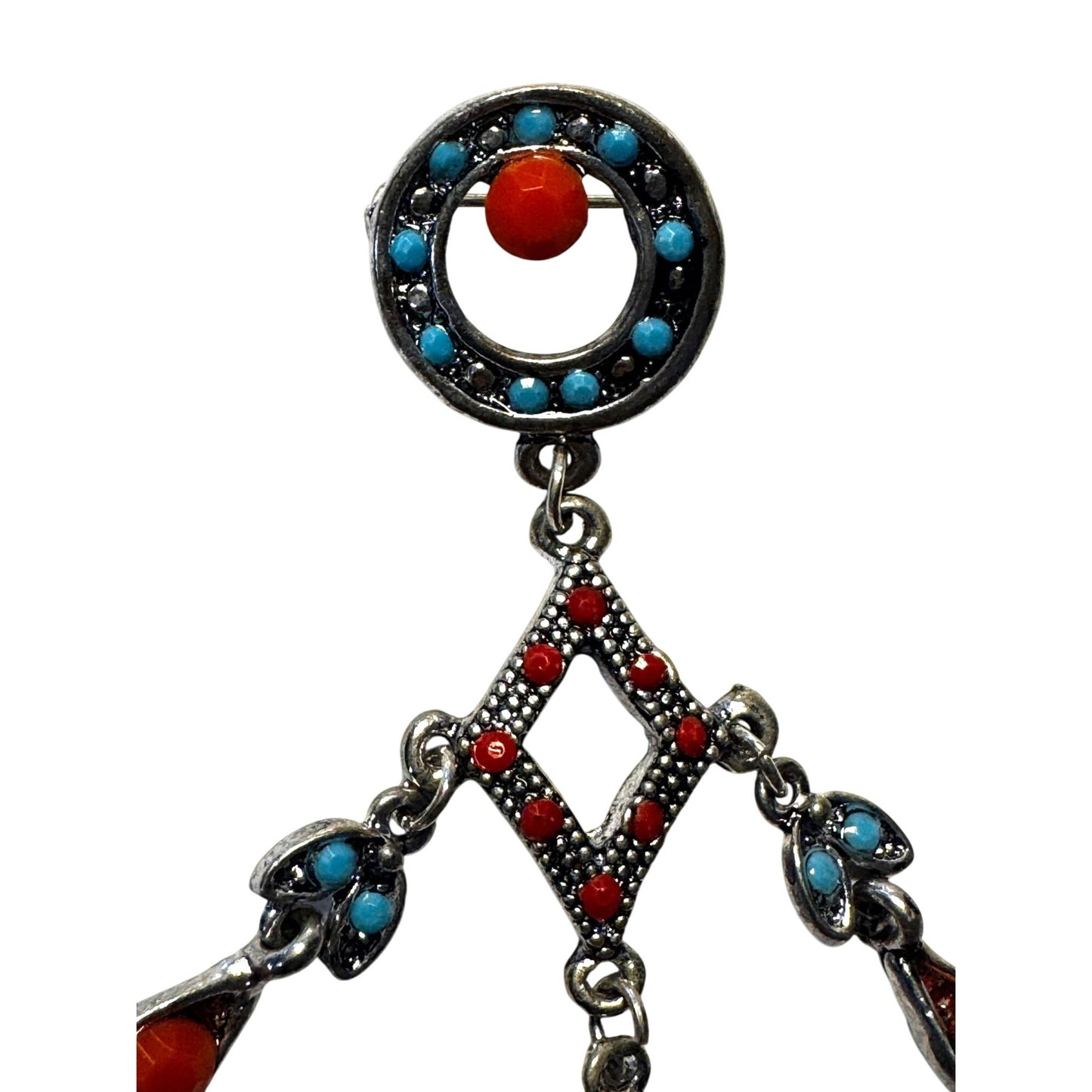 Southwestern Faux Turquoise & Coral Chandelier Brooch Silver-Tone 4 1/2"
