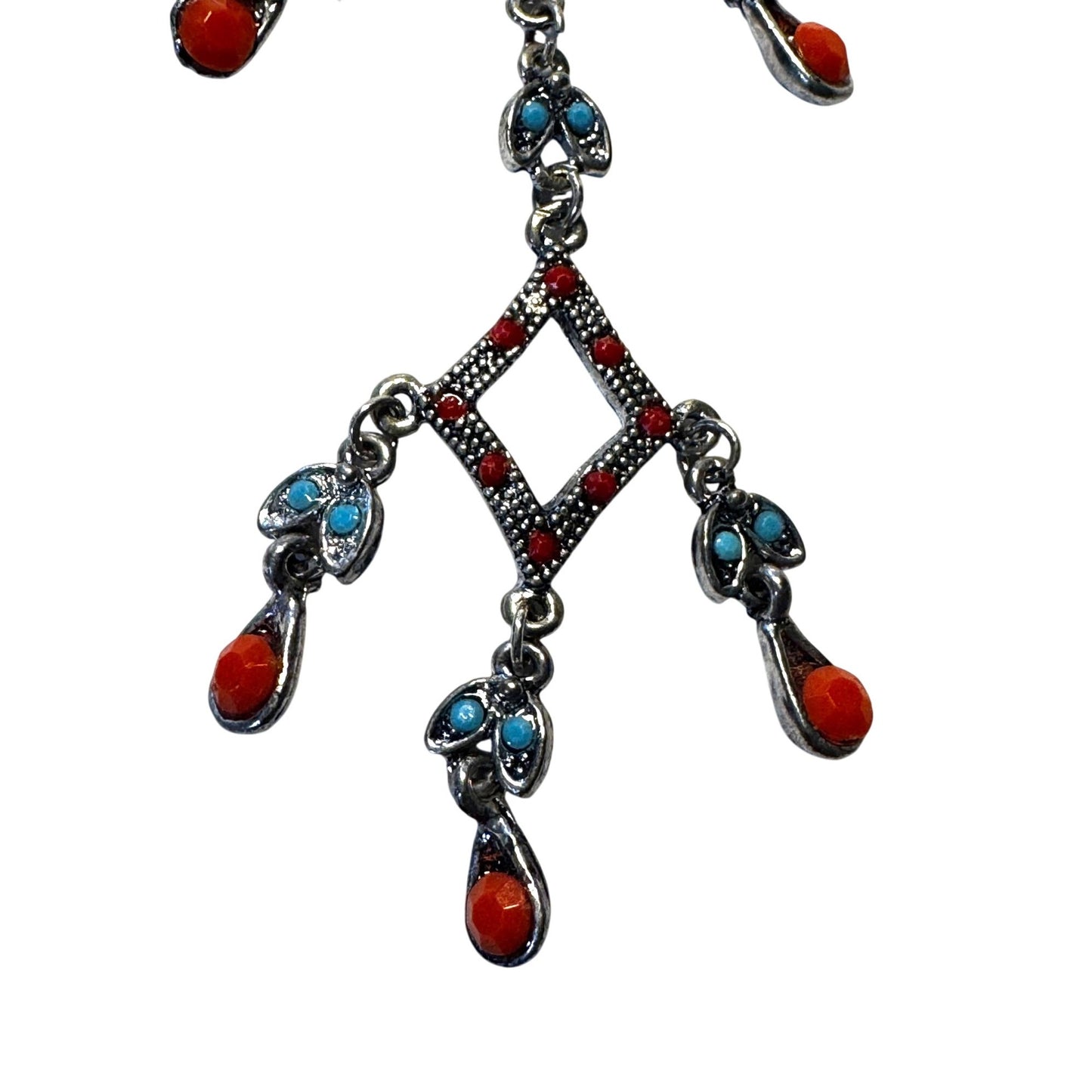 Southwestern Faux Turquoise & Coral Chandelier Brooch Silver-Tone 4 1/2"
