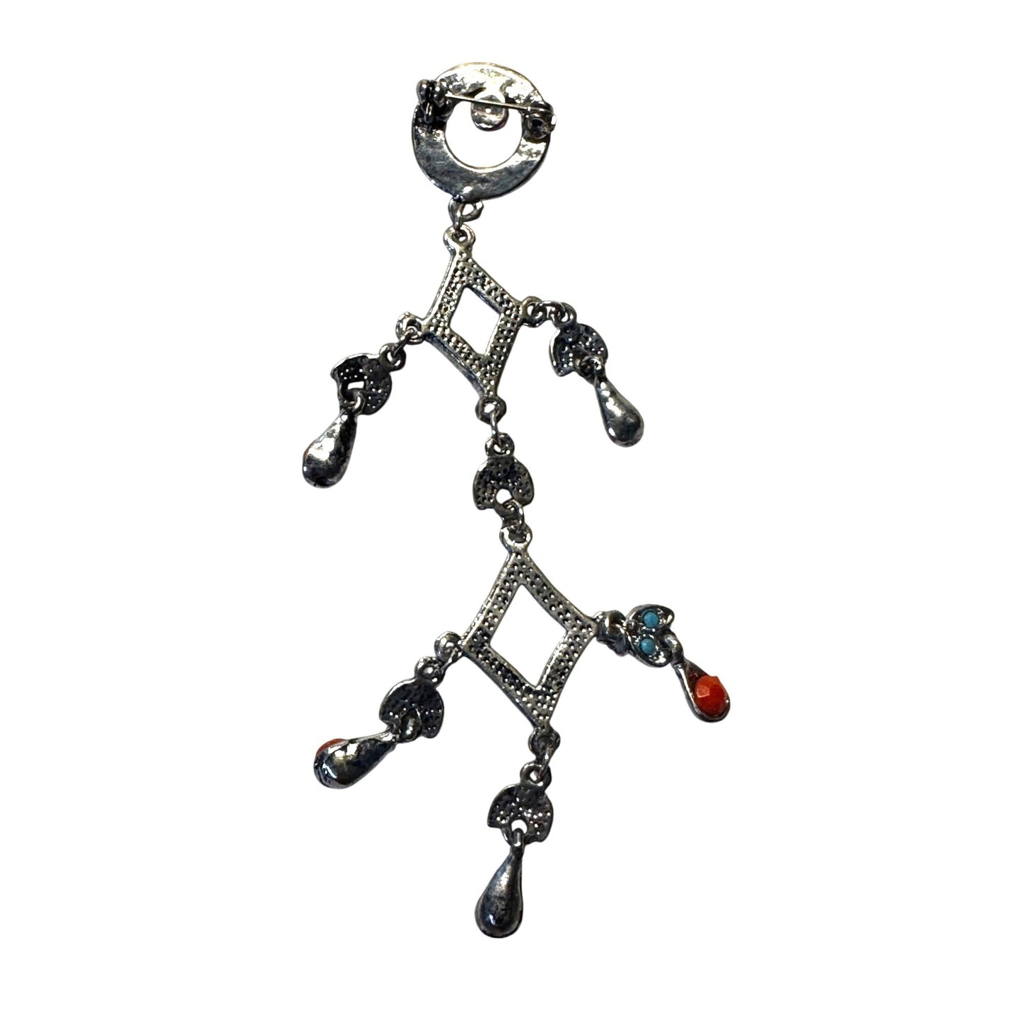 Southwestern Faux Turquoise & Coral Chandelier Brooch Silver-Tone 4 1/2"