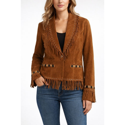 Cripple Creek Womens Western Suede Fringe Jacket Beaded Trim Brown XL 23" Vintage