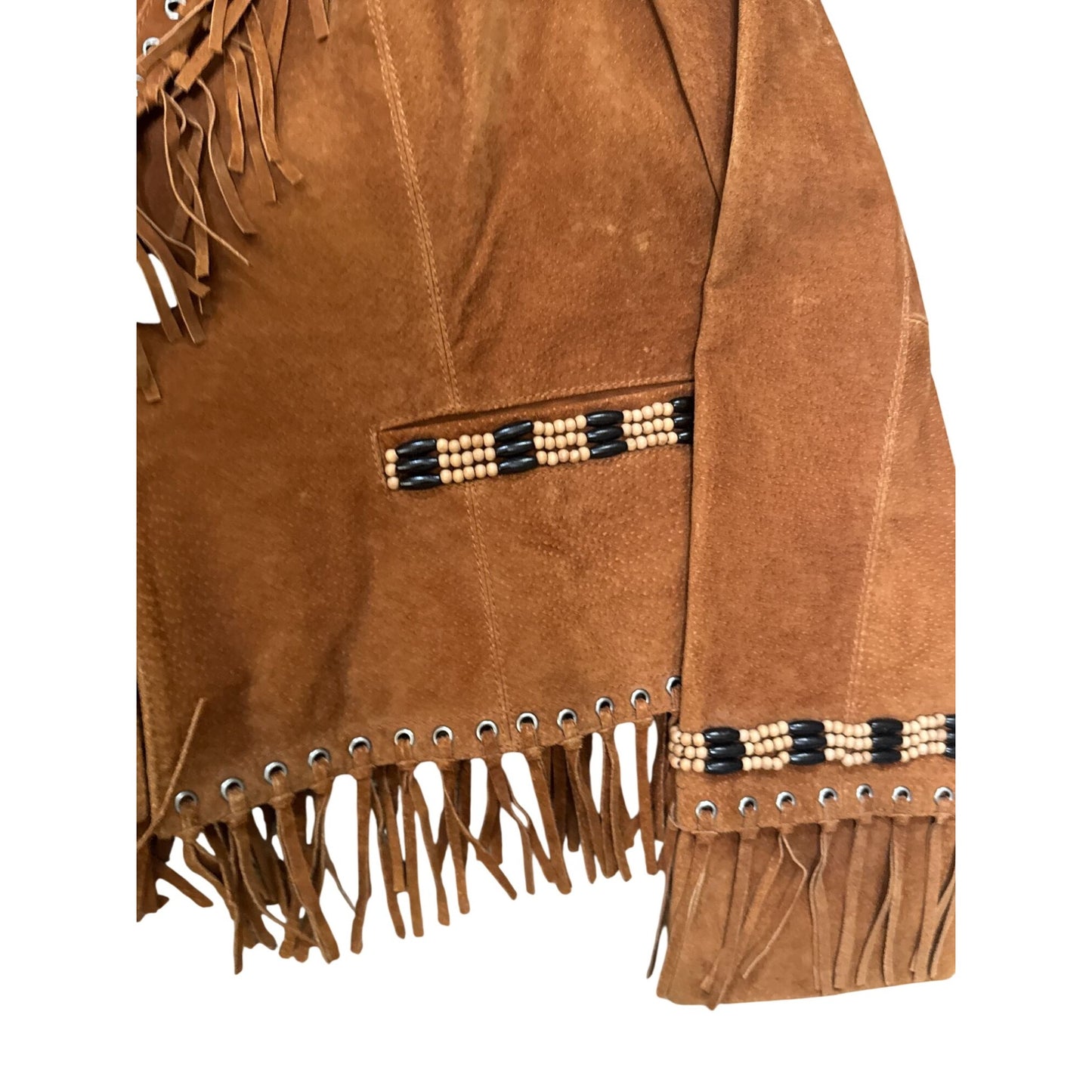 Cripple Creek Womens Western Suede Fringe Jacket Beaded Trim Brown XL 23" Vintage