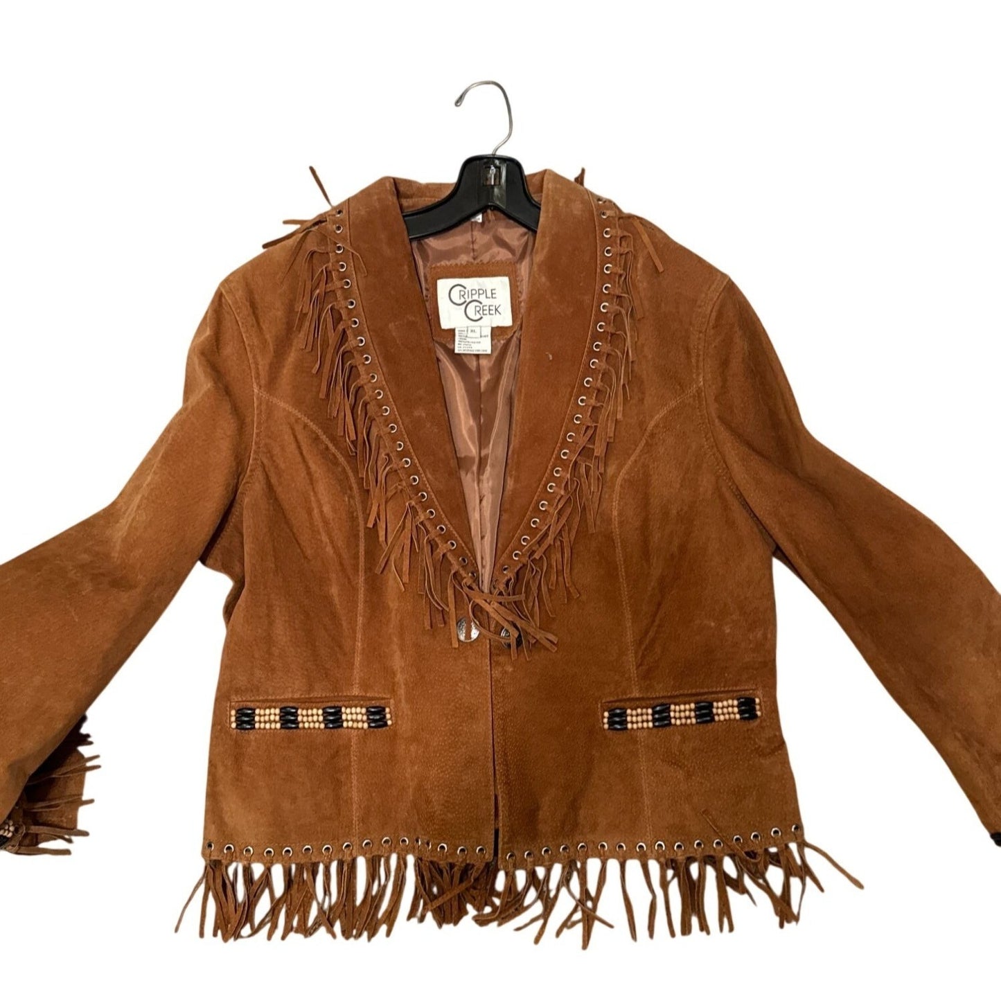 Cripple Creek Womens Western Suede Fringe Jacket Beaded Trim Brown XL 23" Vintage