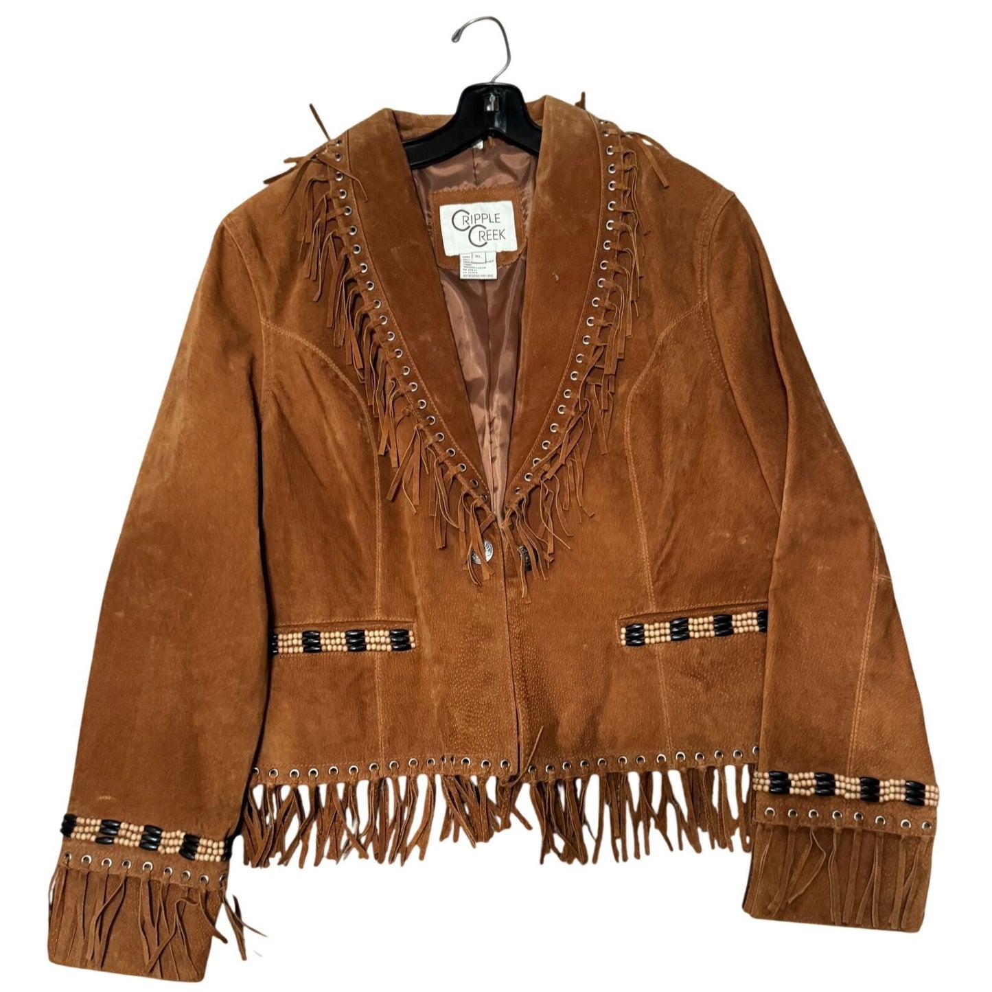 Cripple Creek Womens Western Suede Fringe Jacket Beaded Trim Brown XL 23" Vintage