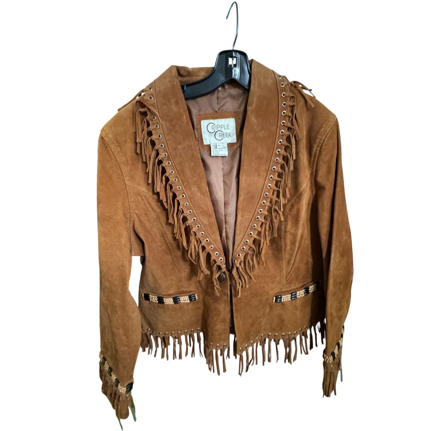 Cripple Creek Womens Western Suede Fringe Jacket Beaded Trim Brown XL 23" Vintage
