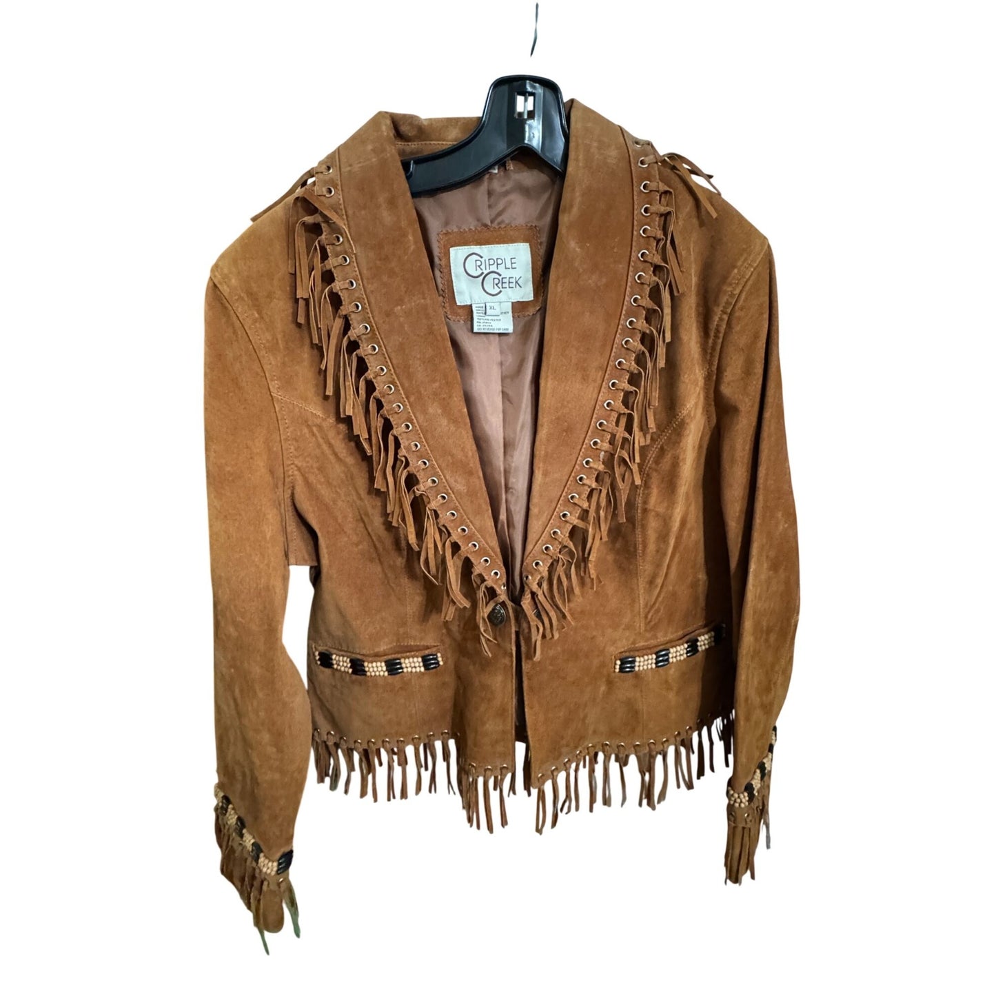 Cripple Creek Womens Western Suede Fringe Jacket Beaded Trim Brown XL 23" Vintage
