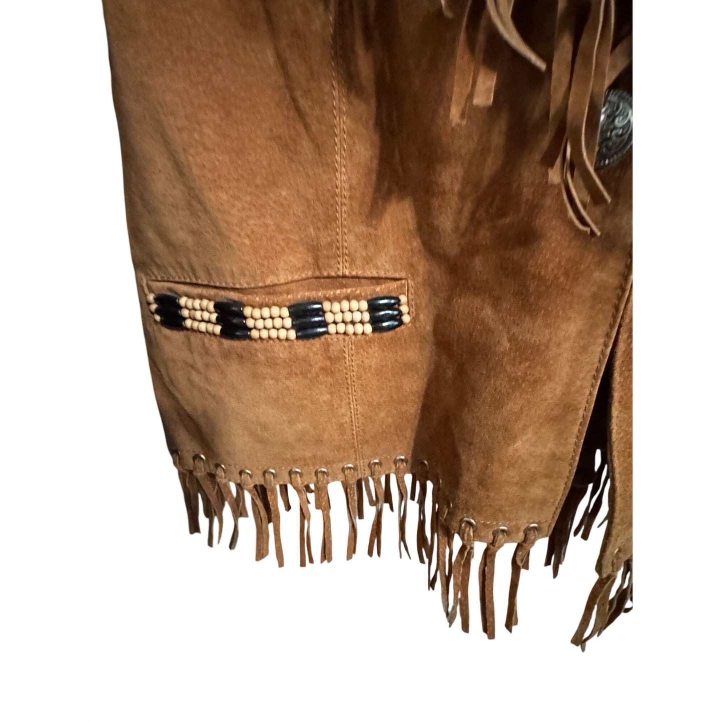Cripple Creek Womens Western Suede Fringe Jacket Beaded Trim Brown XL 23" Vintage