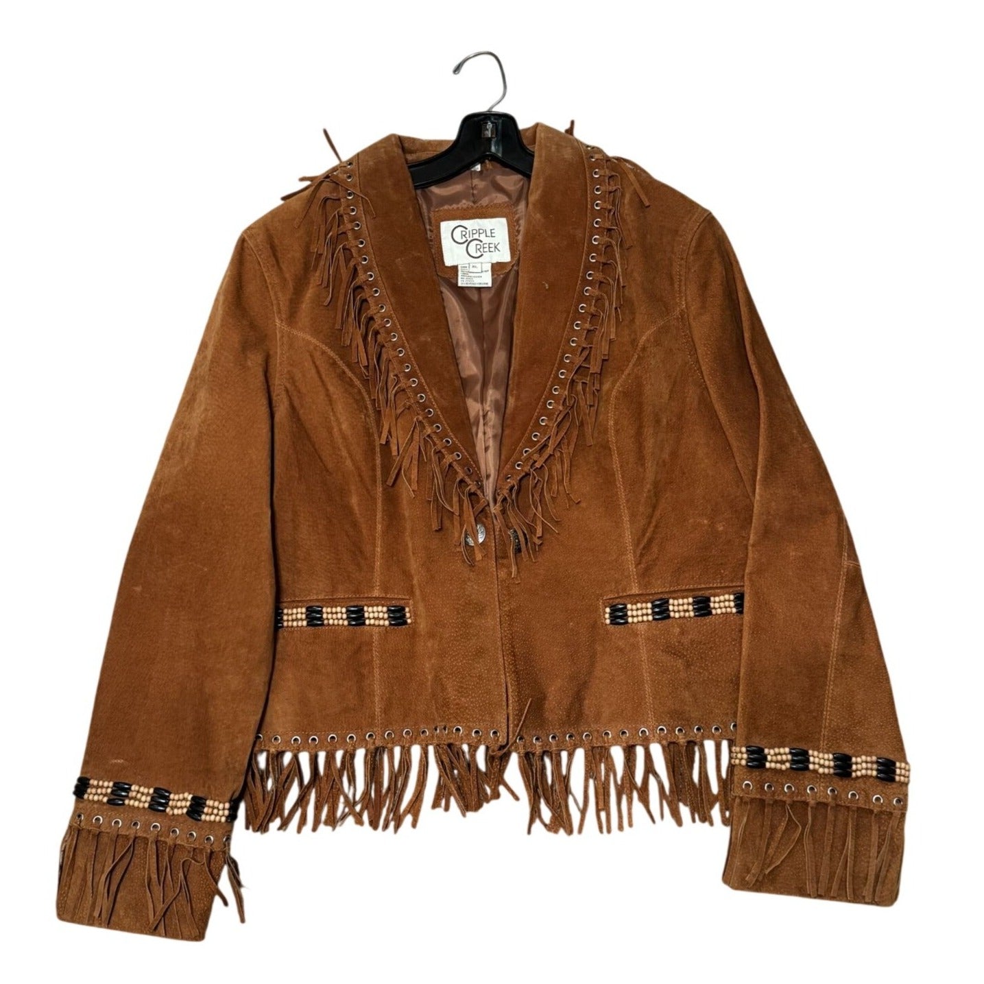 Cripple Creek Womens Western Suede Fringe Jacket Beaded Trim Brown XL 23" Vintage