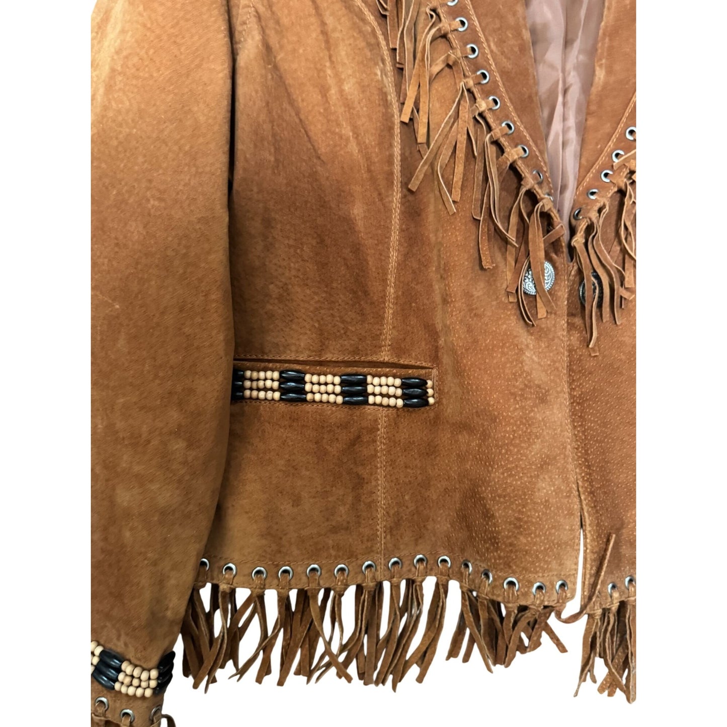 Cripple Creek Womens Western Suede Fringe Jacket Beaded Trim Brown XL 23" Vintage