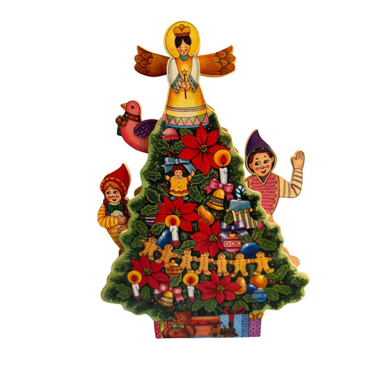 Vintage Wooden Musical Animated Christmas Tree Angel Elves Gingerbread Decor 14"
