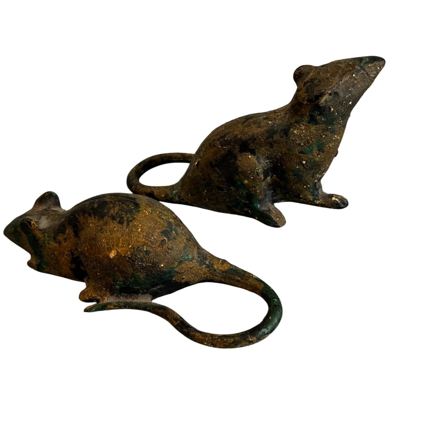 Vintage Metal Mouse Figurines Verdigris Patina Cast Iron 7" Pair