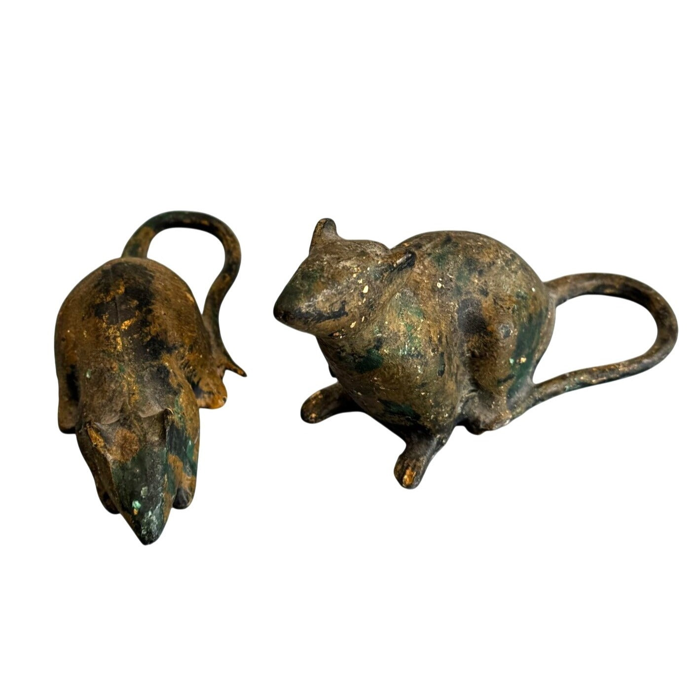 Vintage Metal Mouse Figurines Verdigris Patina Cast Iron 7" Pair
