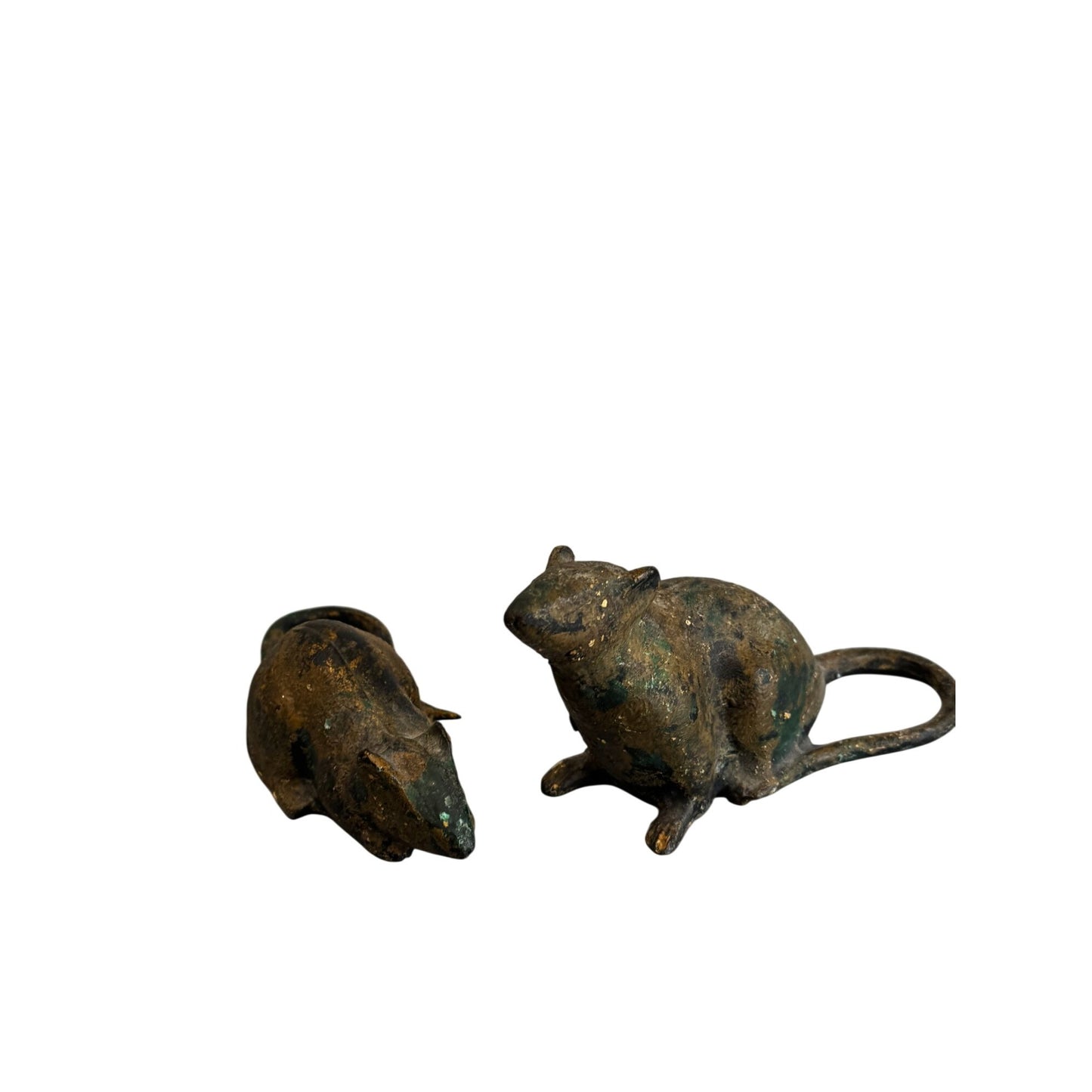 Vintage Metal Mouse Figurines Verdigris Patina Cast Iron 7" Pair