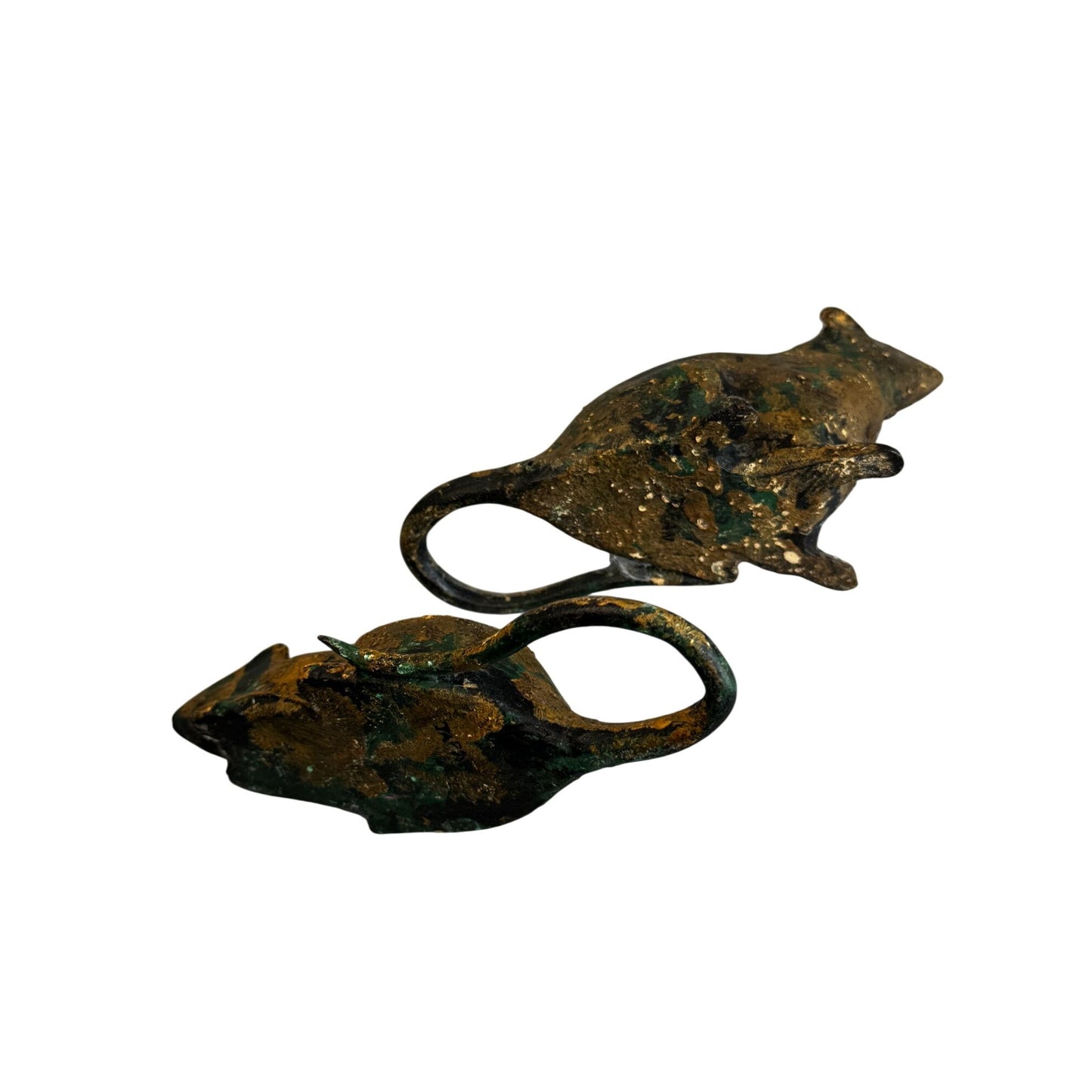 Vintage Metal Mouse Figurines Verdigris Patina Cast Iron 7" Pair