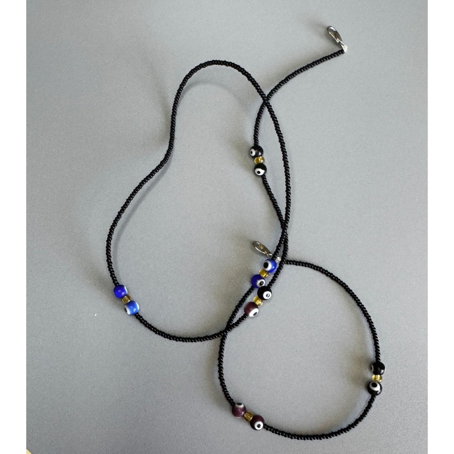 26" Black Seed Bead Necklace with Glass Evil Eye Beads Boho Artisan Layering