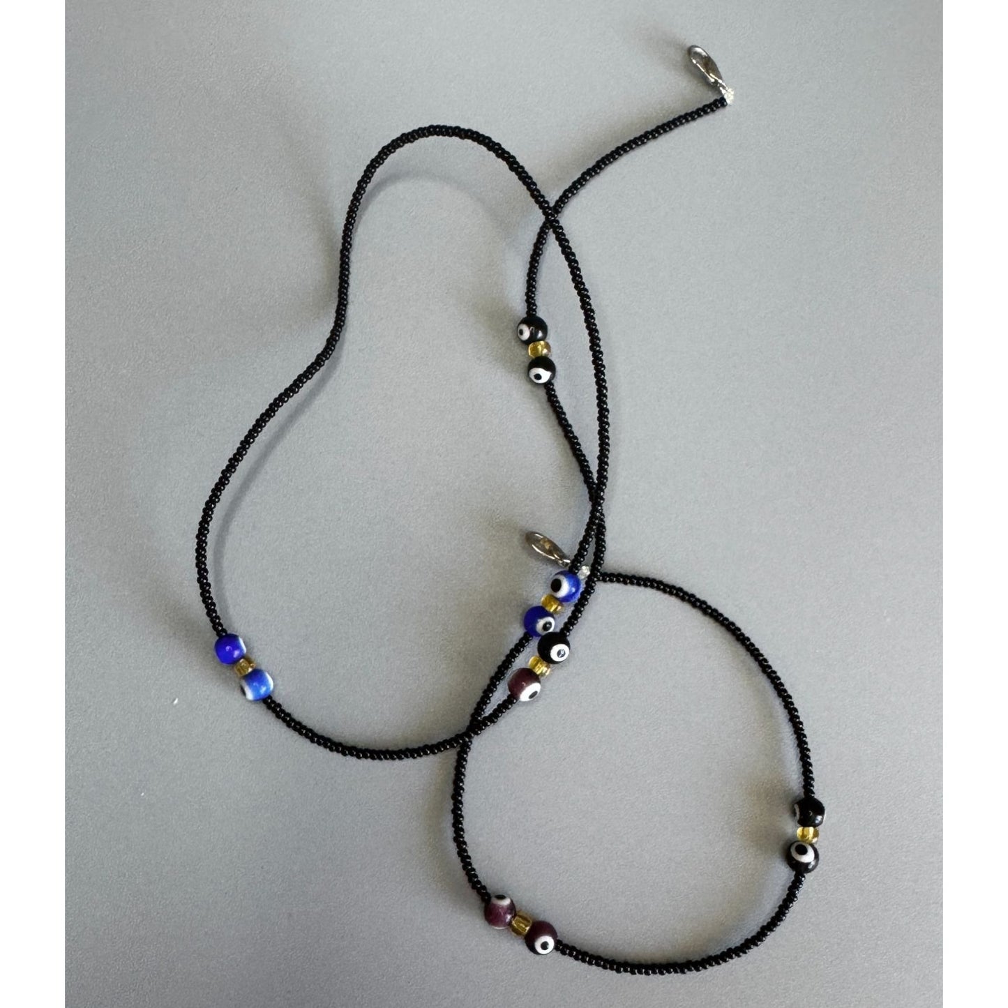 26" Black Seed Bead Necklace with Glass Evil Eye Beads Boho Artisan Layering