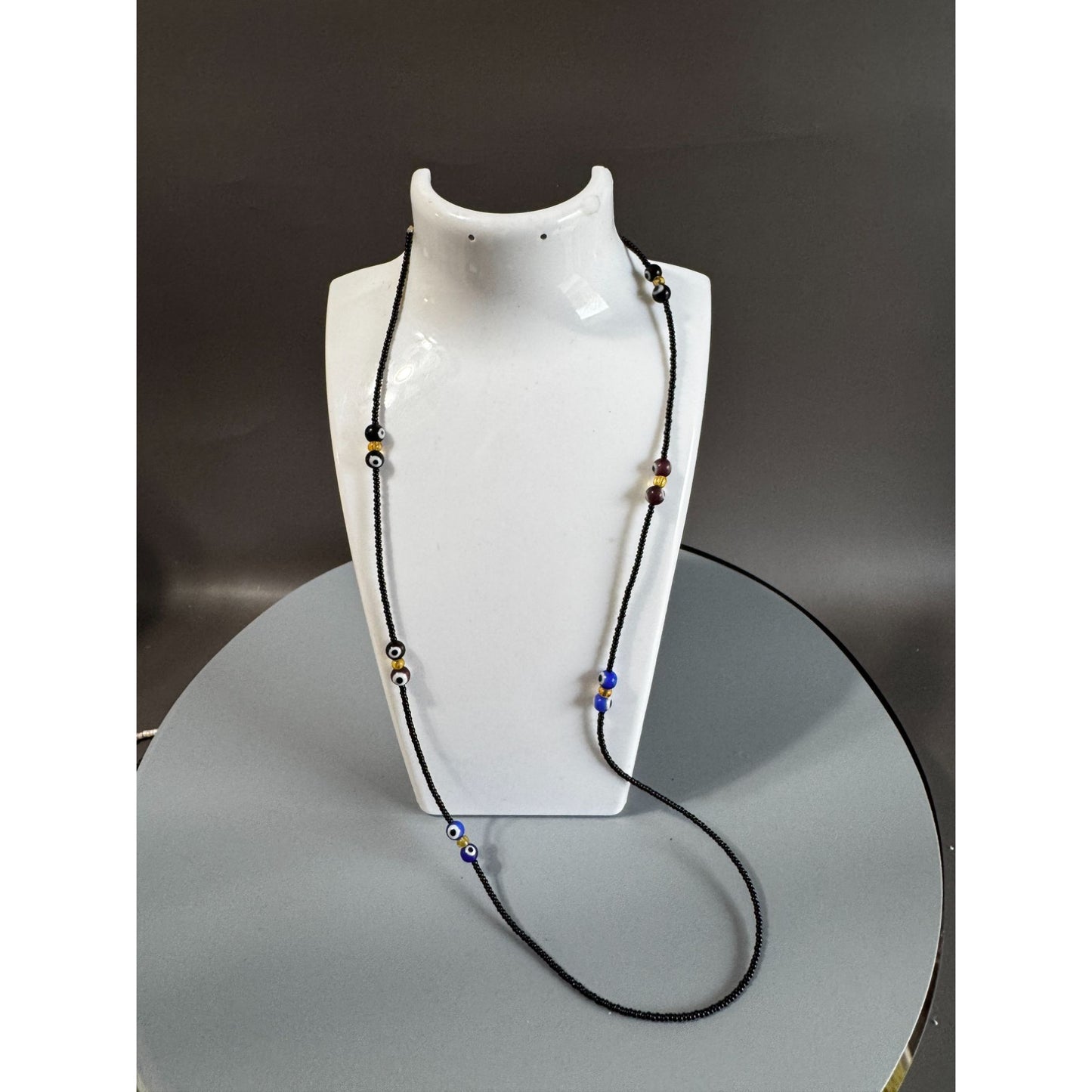 26" Black Seed Bead Necklace with Glass Evil Eye Beads Boho Artisan Layering