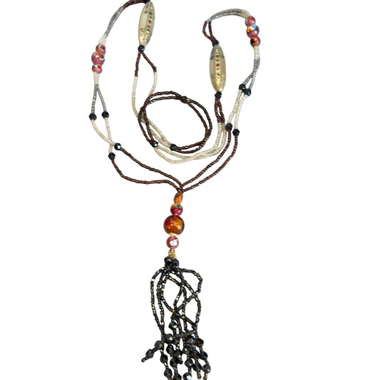 Vintage Beaded Tassel Necklace Multicolor Glass Beads MOP Boho Chic Style
