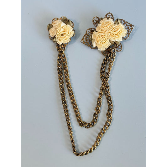 Double Sweater Brooch Pins With Silk Flowers & Gold Plated Filigree Chain