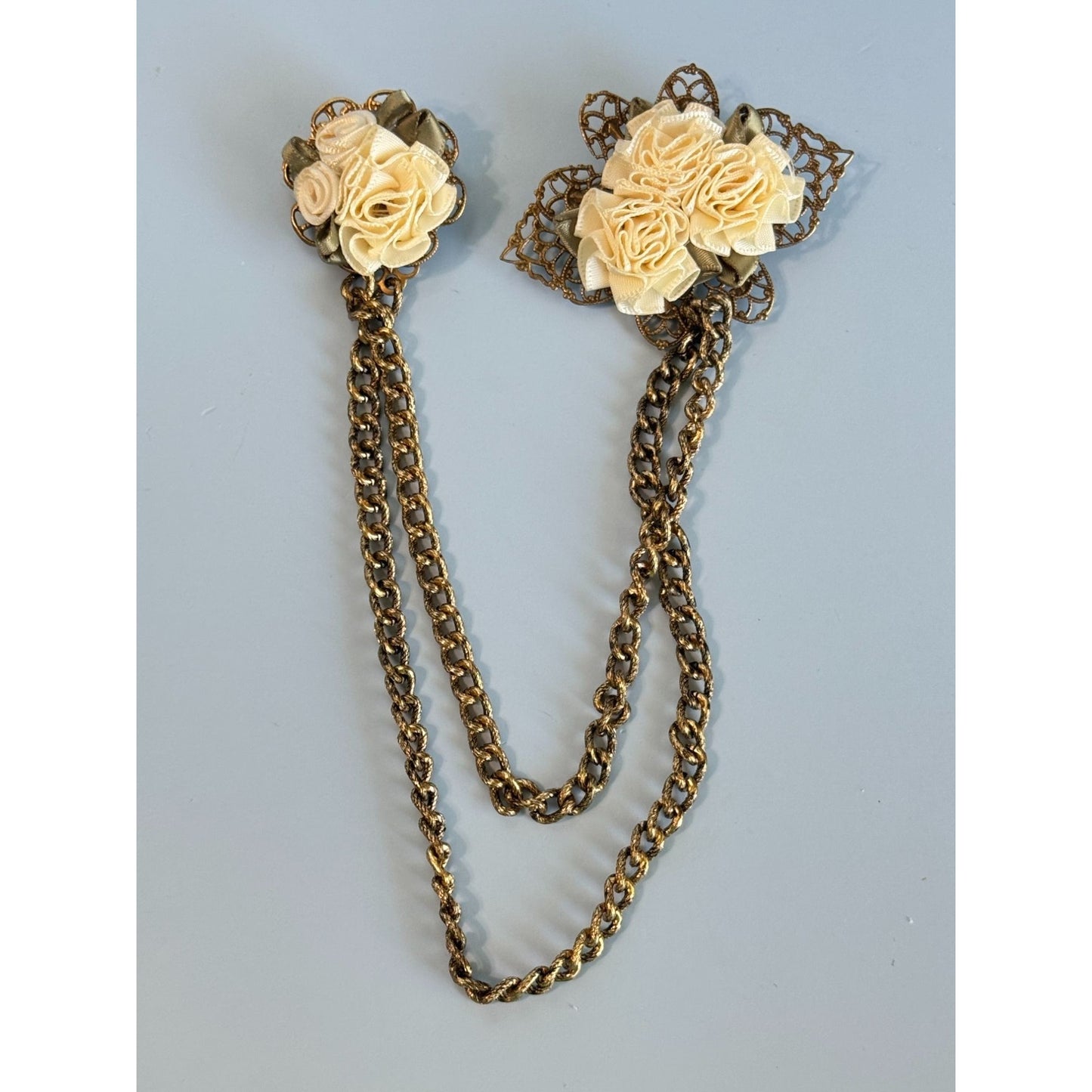 Double Sweater Brooch Pins With Silk Flowers & Gold Plated Filigree Chain
