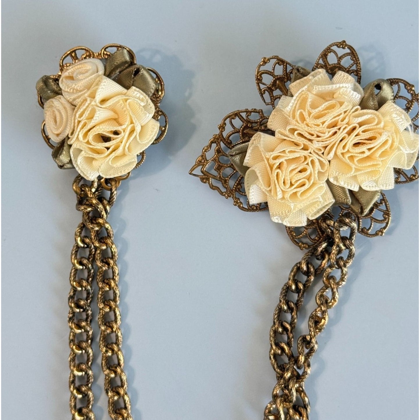 Double Sweater Brooch Pins With Silk Flowers & Gold Plated Filigree Chain