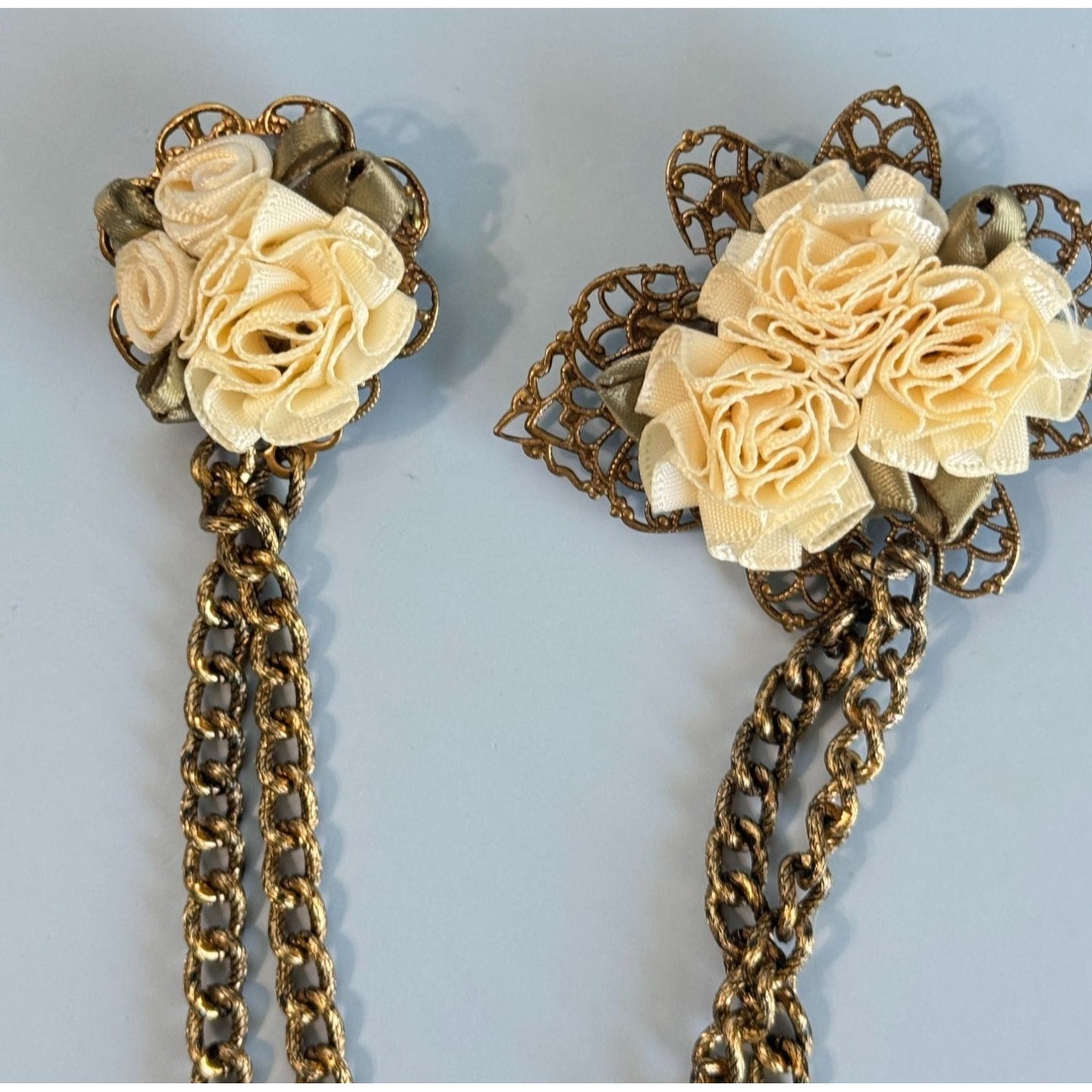Double Sweater Brooch Pins With Silk Flowers & Gold Plated Filigree Chain
