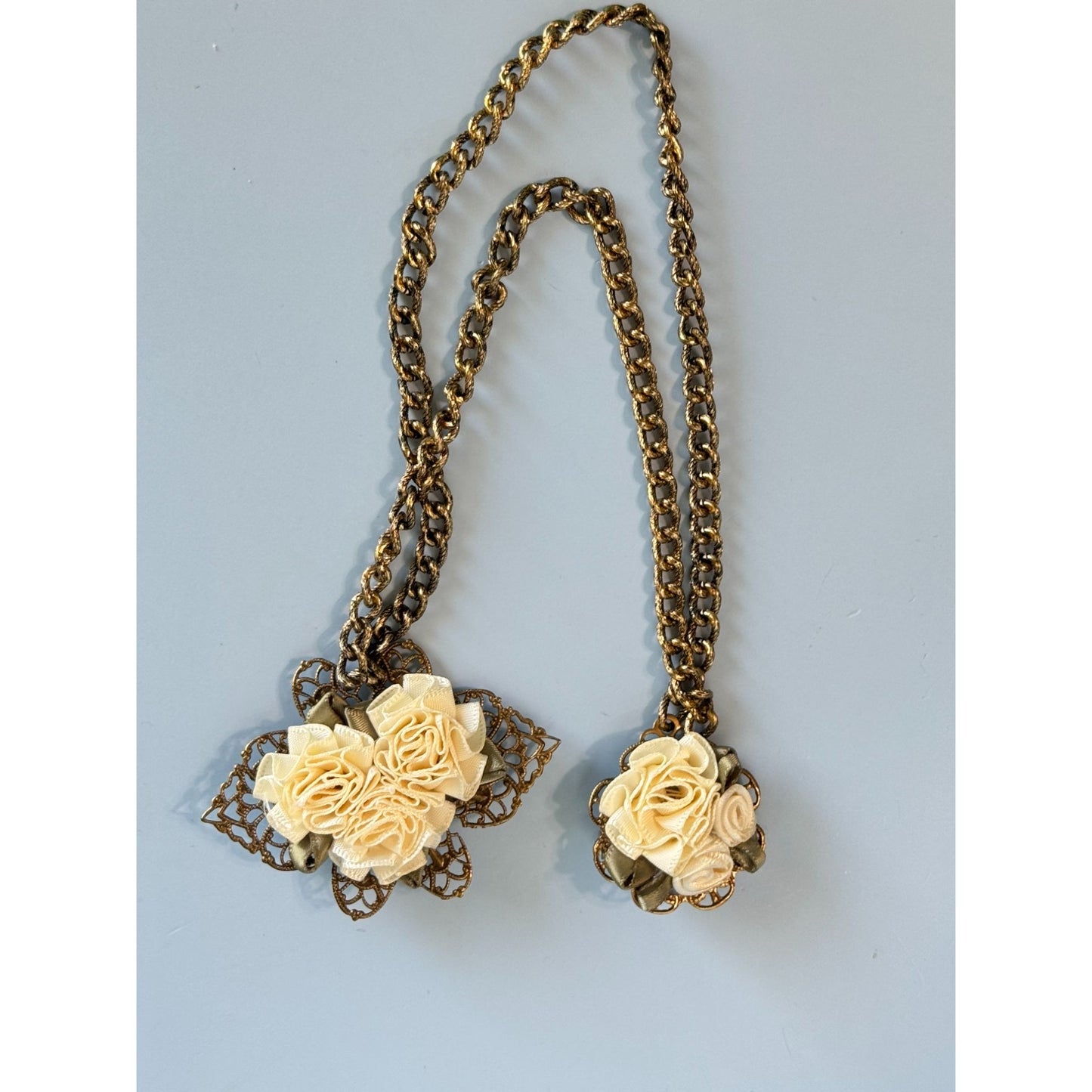 Double Sweater Brooch Pins With Silk Flowers & Gold Plated Filigree Chain