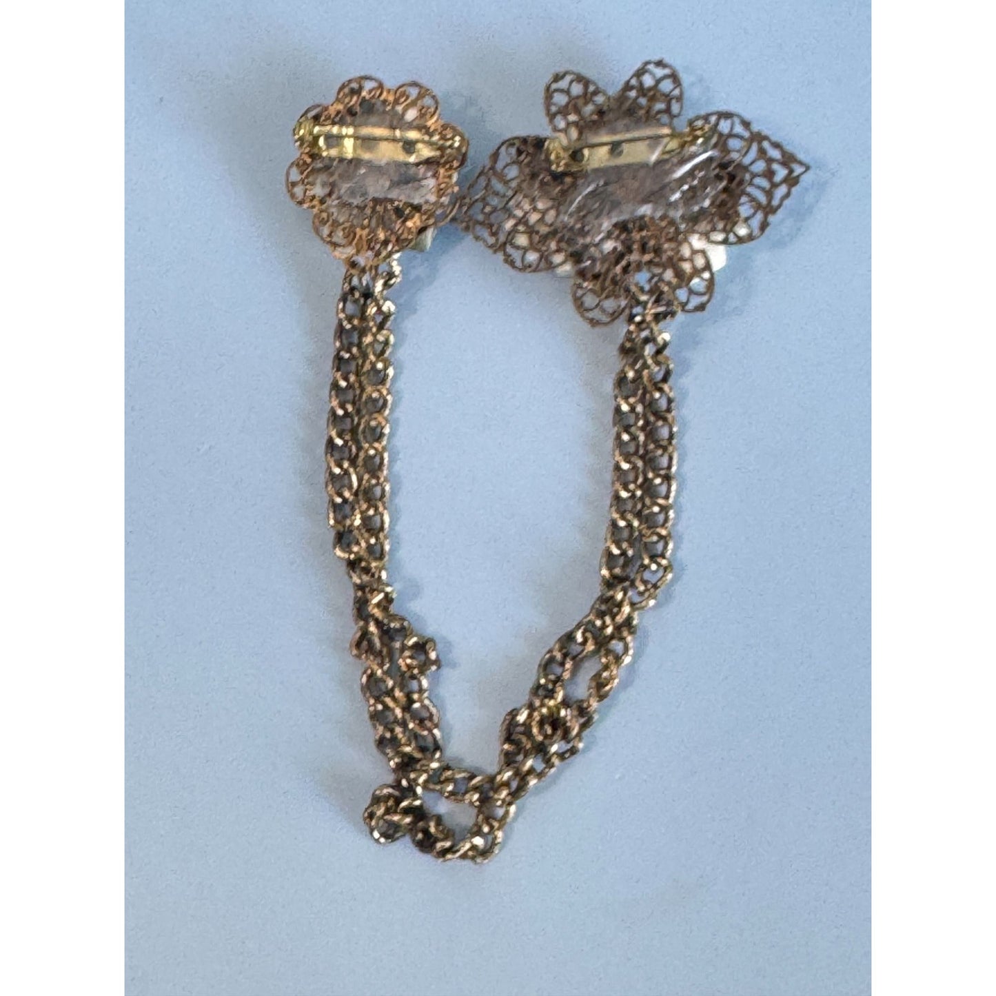 Double Sweater Brooch Pins With Silk Flowers & Gold Plated Filigree Chain