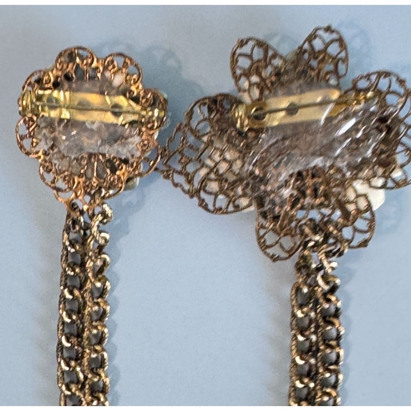 Double Sweater Brooch Pins With Silk Flowers & Gold Plated Filigree Chain