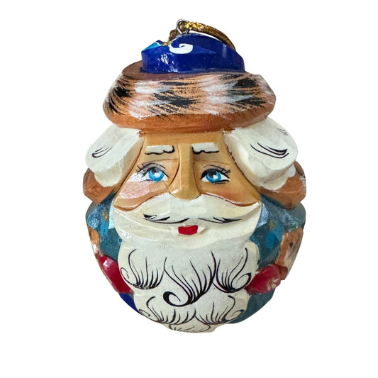 Hand Carved Russian Santa Claus Father Frost Ornament Linden Wood 3 Inch Multicolor