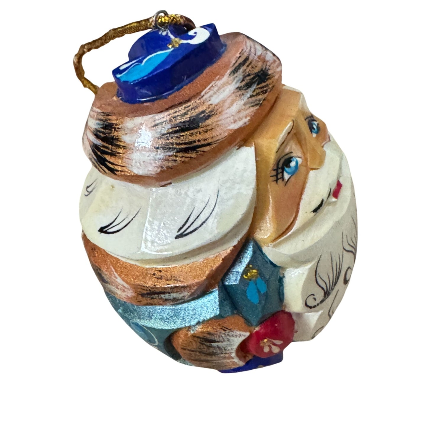 Hand Carved Russian Santa Claus Father Frost Ornament Linden Wood 3 Inch Multicolor