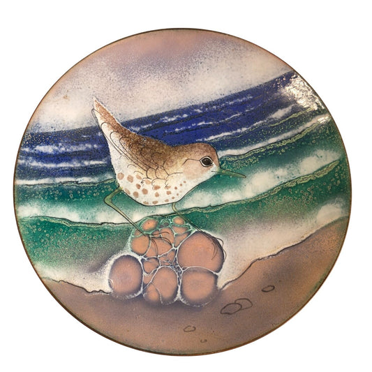 Vintage Copper Enamel Dish Bird Ocean Scene Multicolor 7 Inches