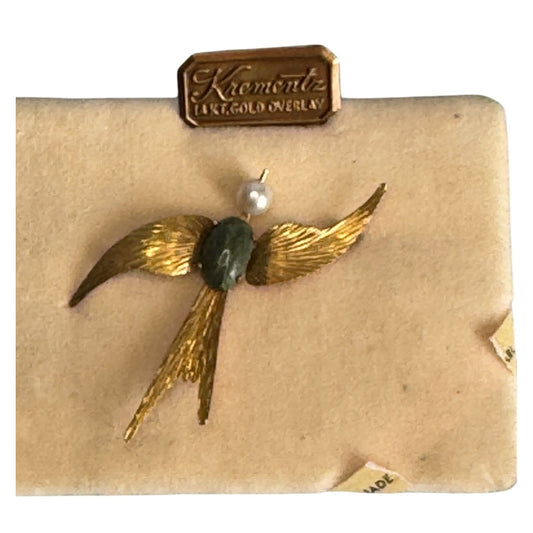 Krementz 14K Gold Overlay Bird Brooch With Pearl & Jade Jelly Belly Center NWT