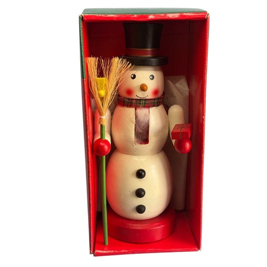 Kurt Adler Wooden Snowman Nutcracker With Broom & Gift 12" Plaid Scarf Red & Black Accents