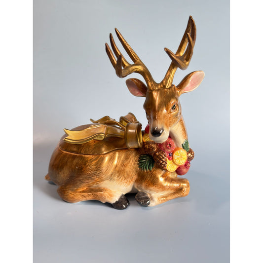 Fitz & Floyd Deer Winter Spice Lidded Christmas Trinket Box Figurine 8 1/2" x 6 1/2"