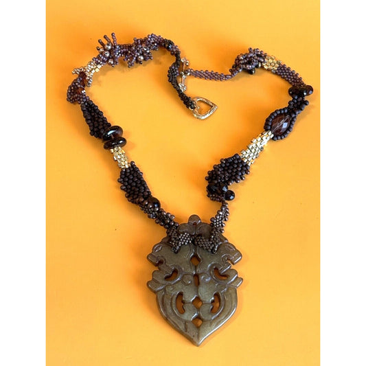 Vintage Asian Agate Quartz Pendant Woven Glass Beaded Goldplated Necklace 17"