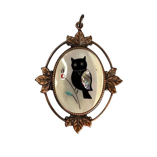 Vintage Copper Pendant With Inlaid Mother Of Pearl Owl Design 3" Oval With Floral Accents