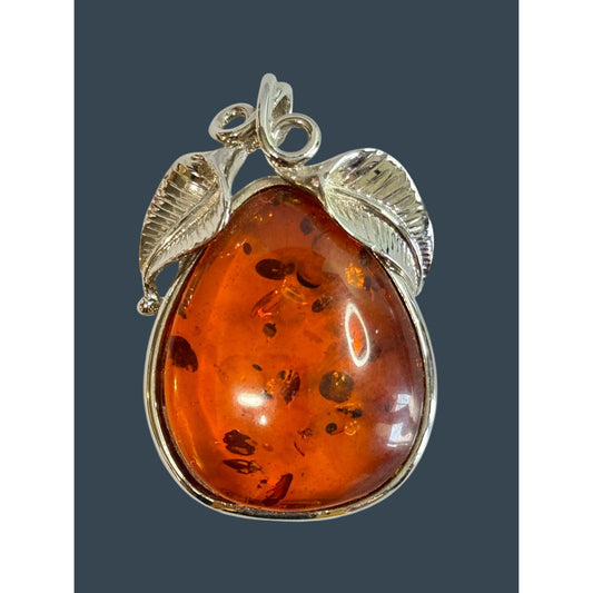 Vintage Amber Pendant With Chromium Silver Leaf Design 2"