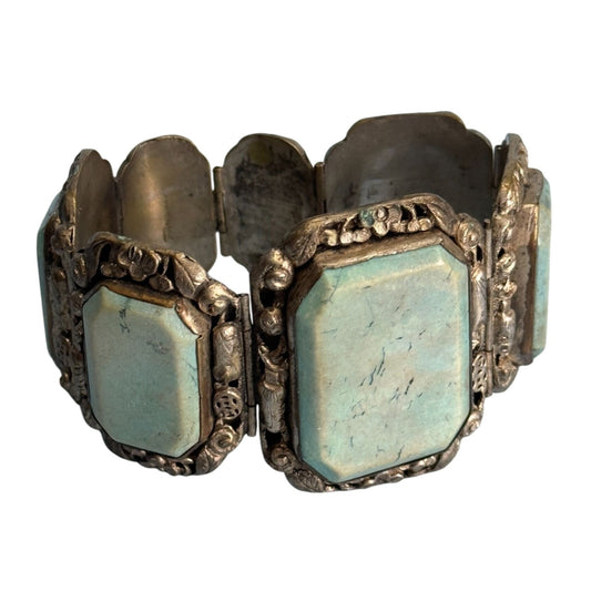 Antique Silvertone Bracelet Ornate Detailing Blue Howlite Panels Antique Design 7"