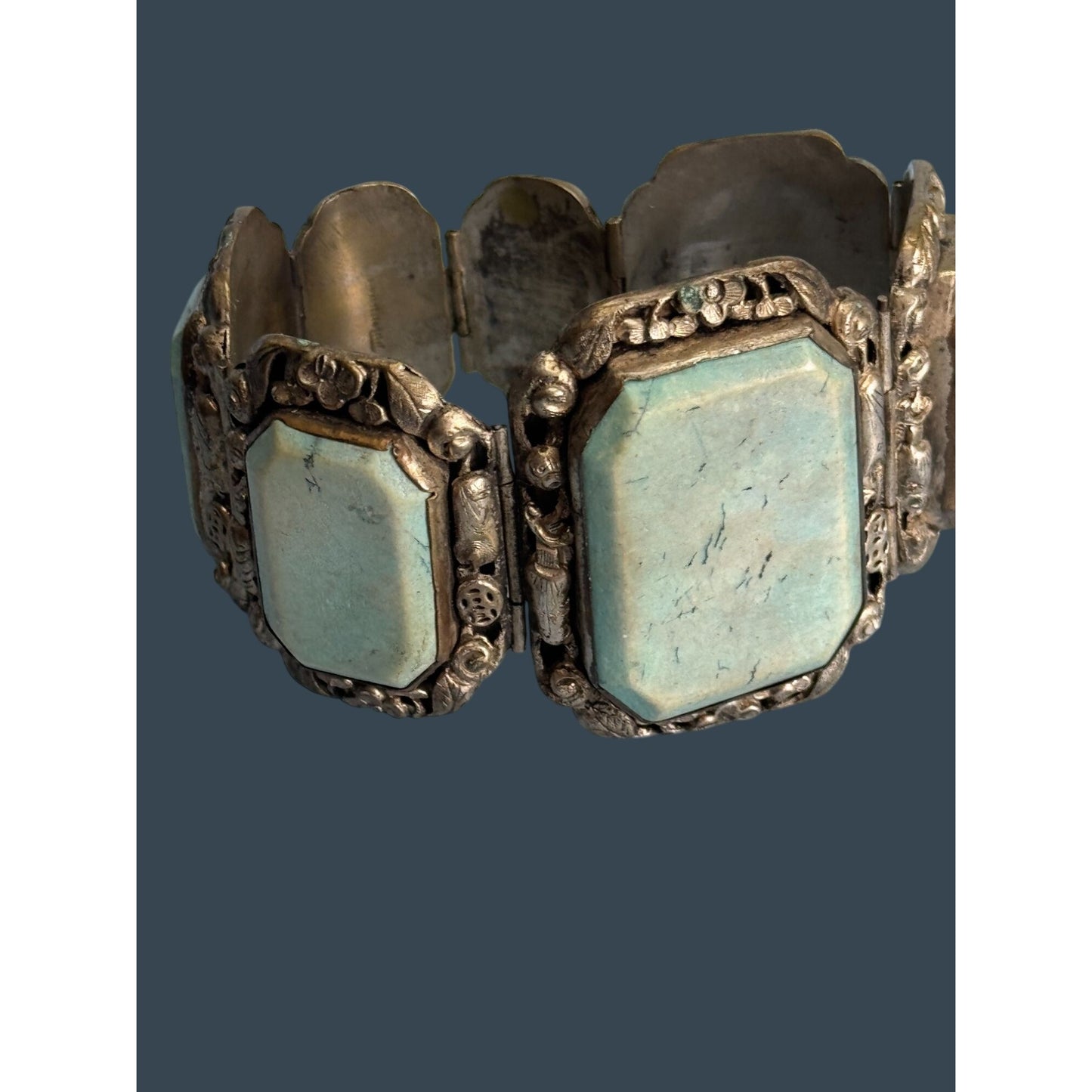 Antique Silvertone Bracelet Ornate Detailing Blue Howlite Panels Antique Design 7"