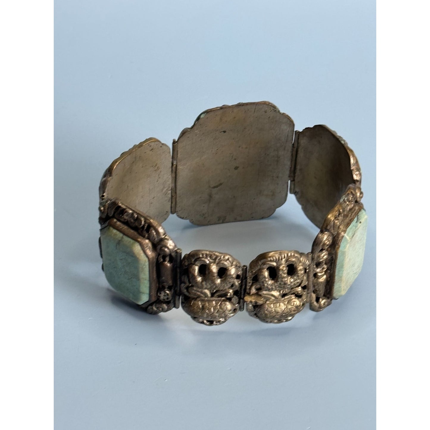 Antique Silvertone Bracelet Ornate Detailing Blue Howlite Panels Antique Design 7"