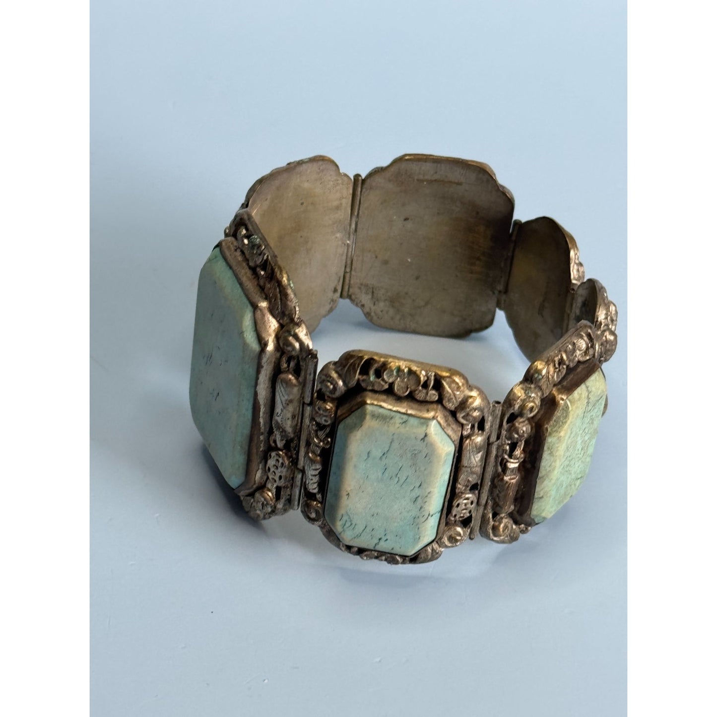 Antique Silvertone Bracelet Ornate Detailing Blue Howlite Panels Antique Design 7"