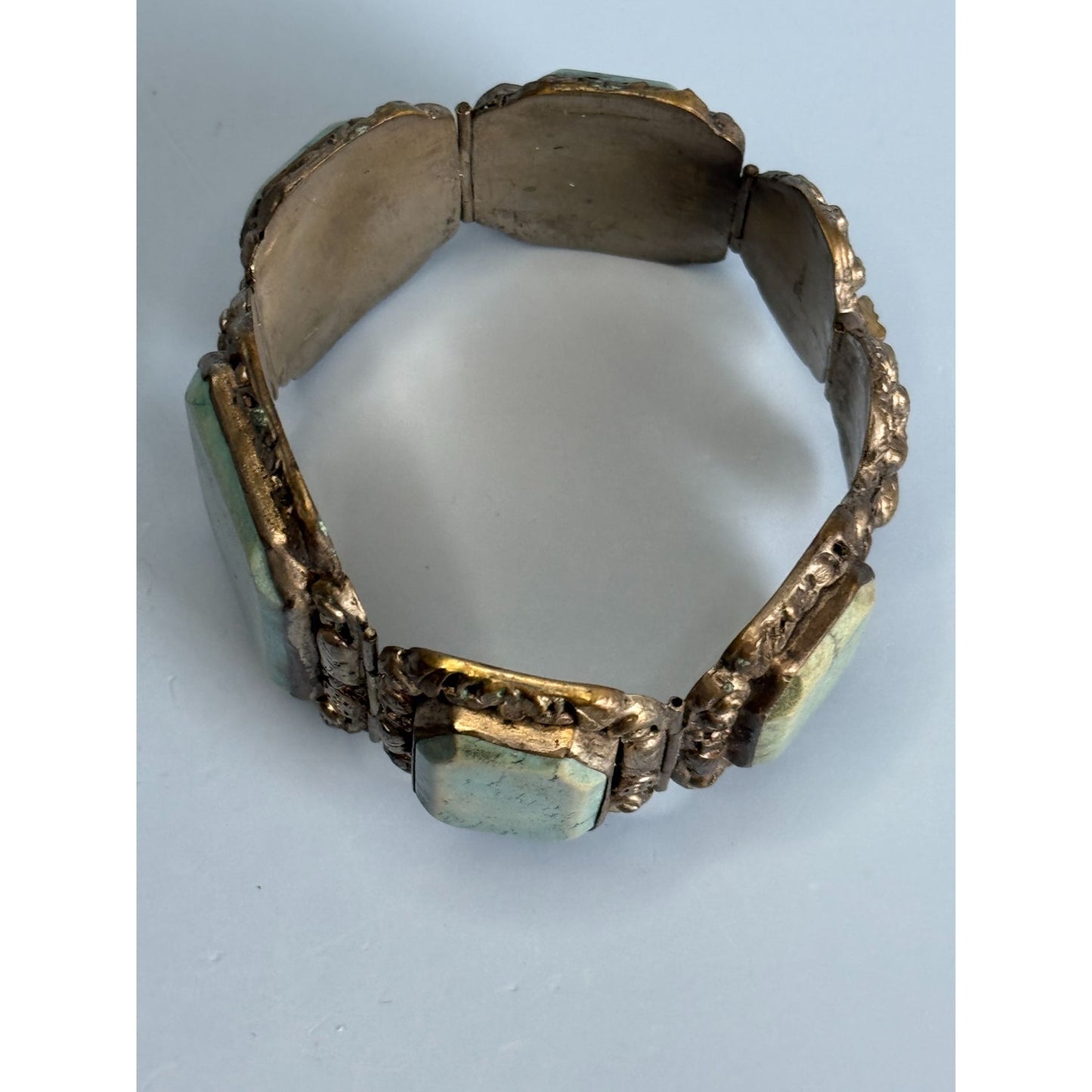 Antique Silvertone Bracelet Ornate Detailing Blue Howlite Panels Antique Design 7"