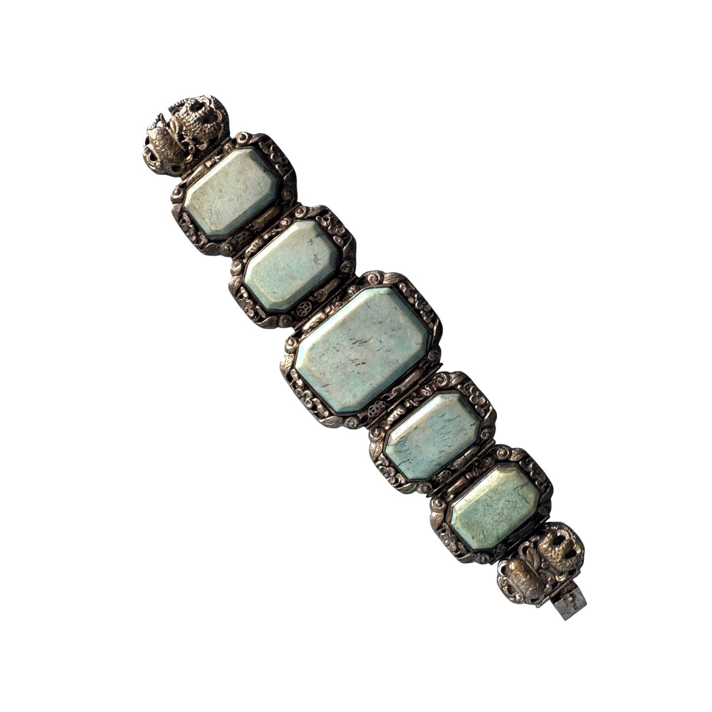 Antique Silvertone Bracelet Ornate Detailing Blue Howlite Panels Antique Design 7"