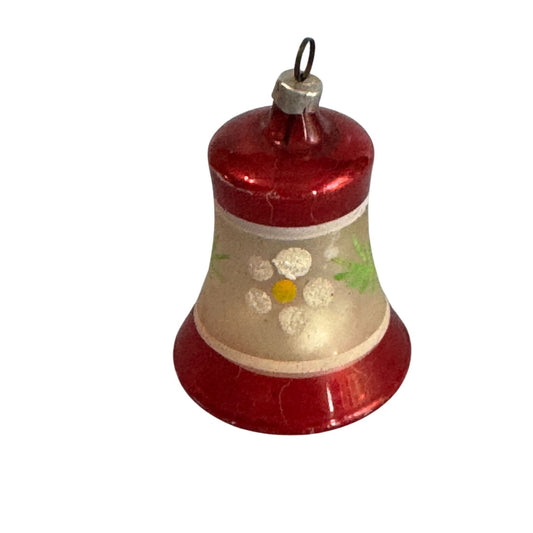 Vintage Christmas Bell Ornament Red & White Glass Hand-Painted West Germany 2 3/4"