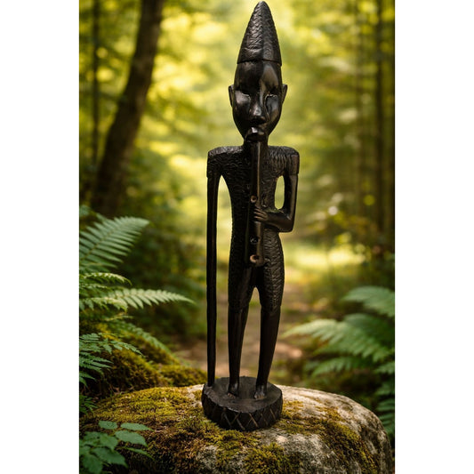 African Tribal Carved Wood Figure Sculpture Flute Player Ebony 15"