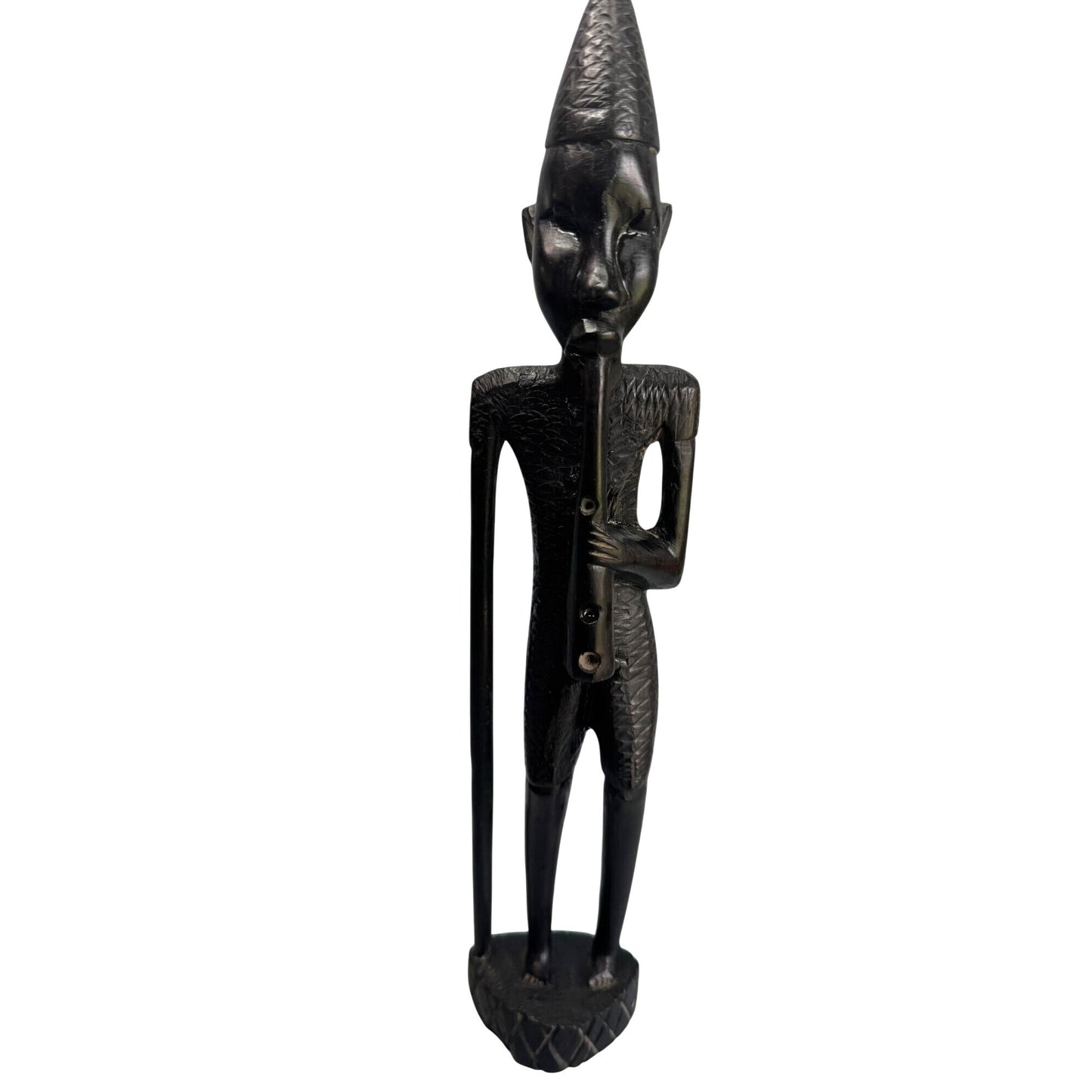 African Tribal Carved Wood Figure Sculpture Flute Player Ebony 15"