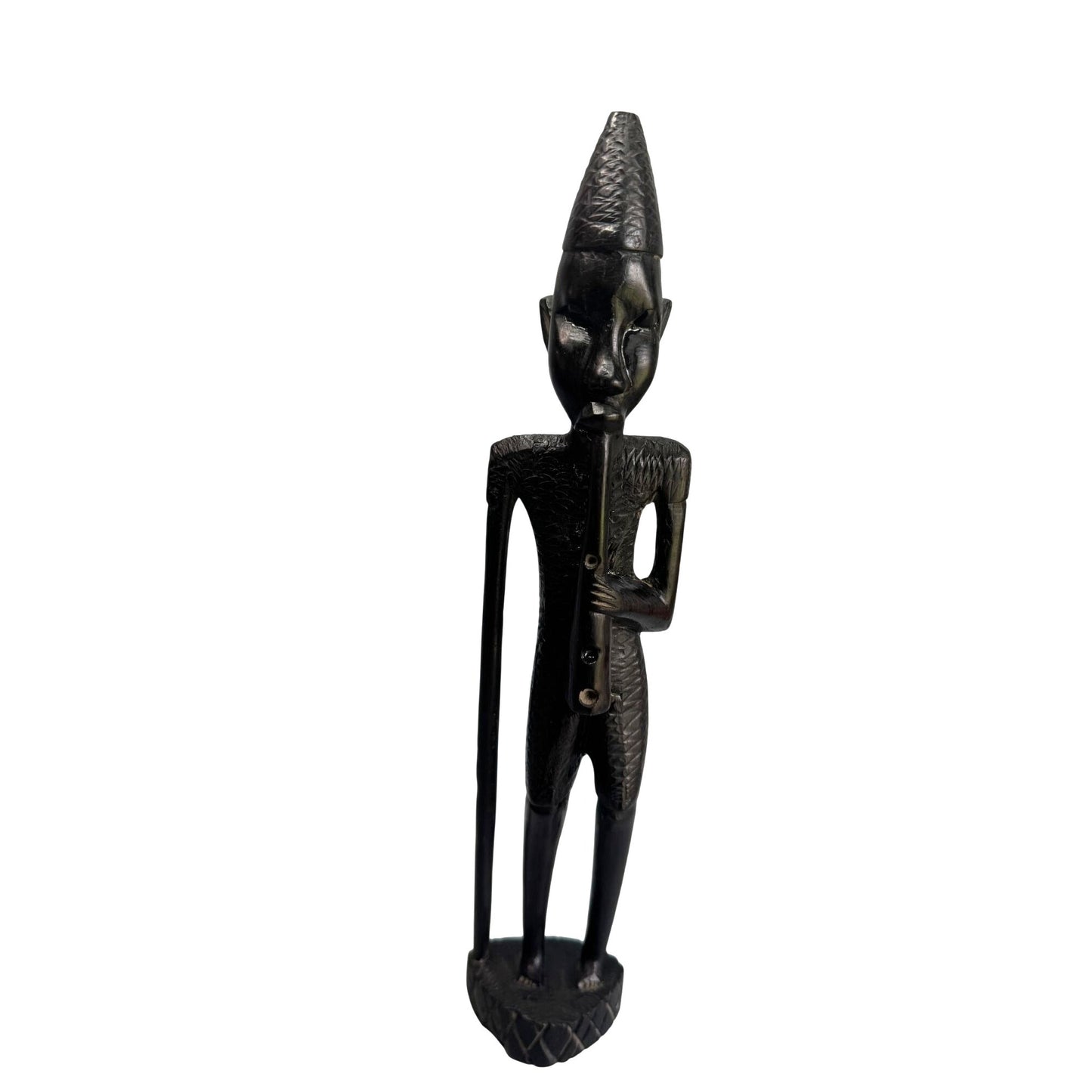 African Tribal Carved Wood Figure Sculpture Flute Player Ebony 15"
